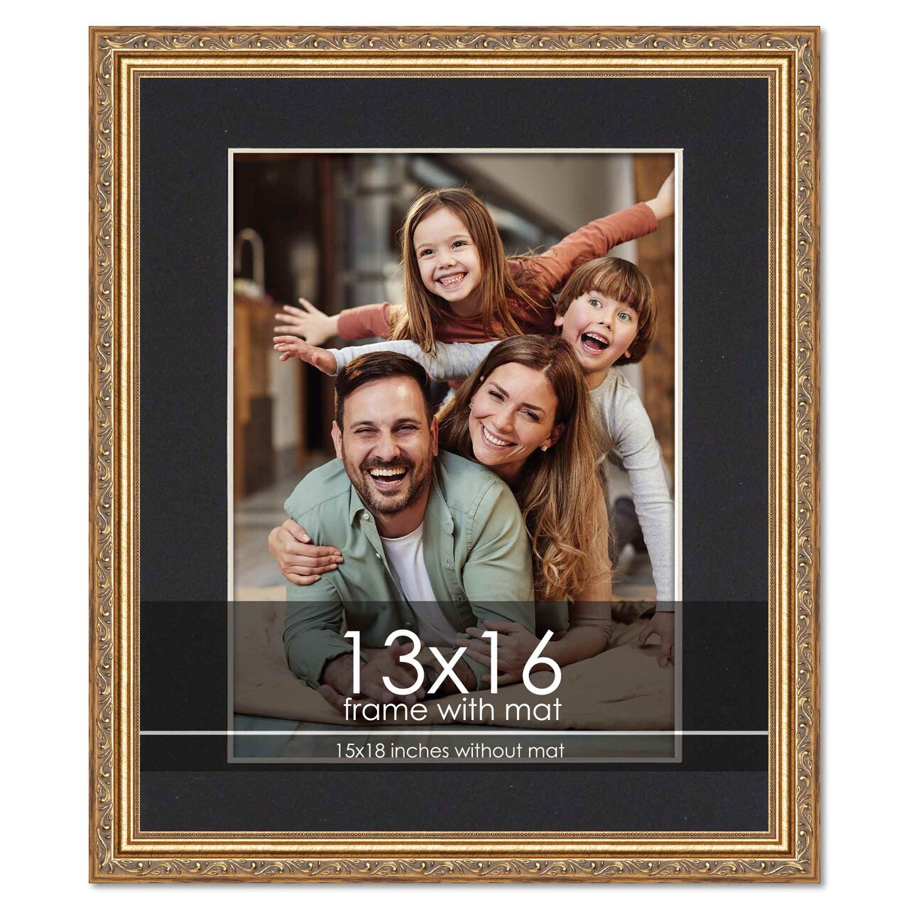 Antique Gold Frame with Black Photo Mat, UV Acrylic Front, Foam Board Backing, 60 Sizes Available